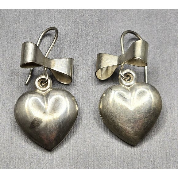 Sterling Silver 925 Heart & Bow Drop Earrings 1.25" Signed SU Italy 6.08g - Picture 1 of 6